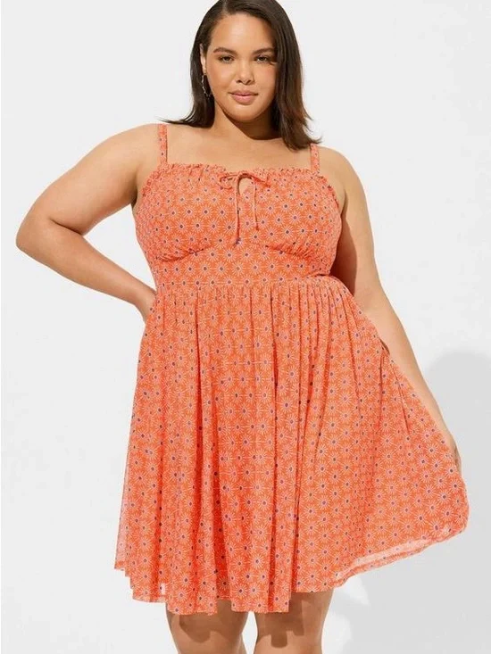 Torrid Mini Mesh Cami Shirred Bust Skater Dress Size 1 Sunny Days Nasturtium - Picture 11 of 14